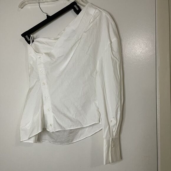 NEW! ZARA ASYMMETRIC POPLIN WHITE TOP ONE SHOULDER size Medium - Picture 4 of 6